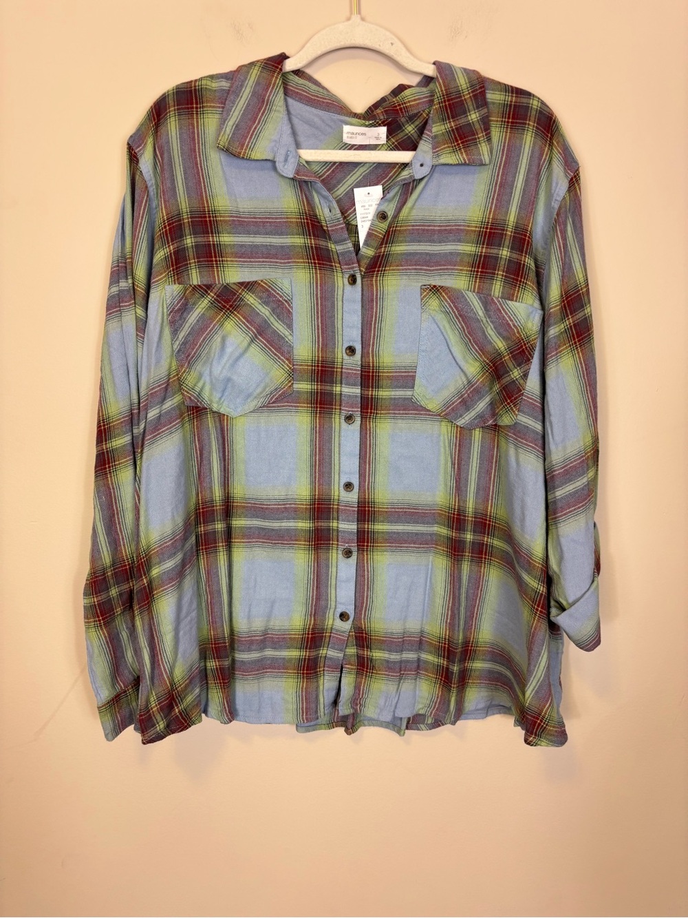 New Maurices Light Blue Plaid Shirt with Green and Burgundy Accents 3X